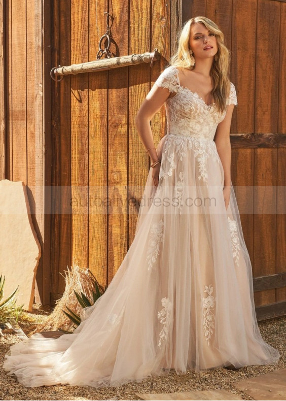 Cap Sleeves Lace Tulle V Back Stunning Wedding Dress